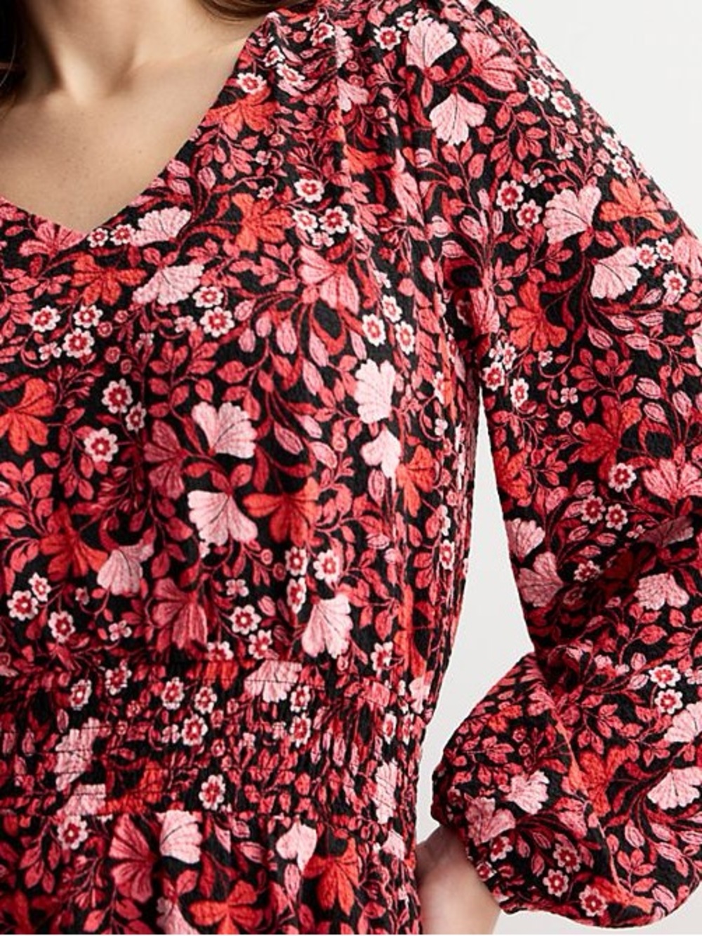 NWT DRAPER JAMES Floral V-Neck Long Sleeve Midi Dress - Pink/Black - Picture 2 of 7